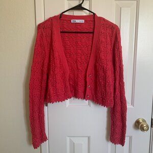 ZARA Woman Sweater Knitted Cardigan, Red Hot Pink, Size S